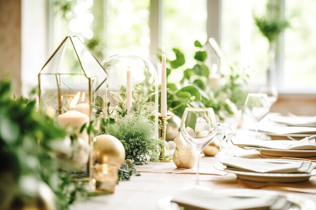 Salão de banquetes de casamento decorado com flores e hortaliças