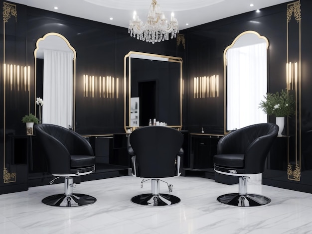 Foto salão de beleza de estilo retrô preto moderno com design de interiores domésticos