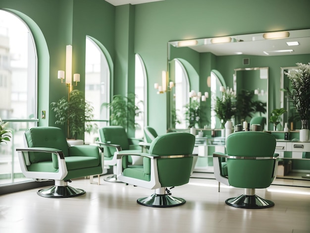 Salão de beleza verde com fileiras de poltronas e design minimalista