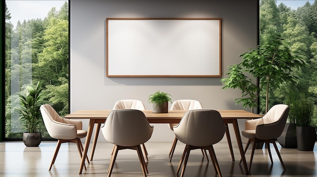 Salão de conferências branco interior com poltronas de madeira e mesa cinza piso de concreto janela e plano