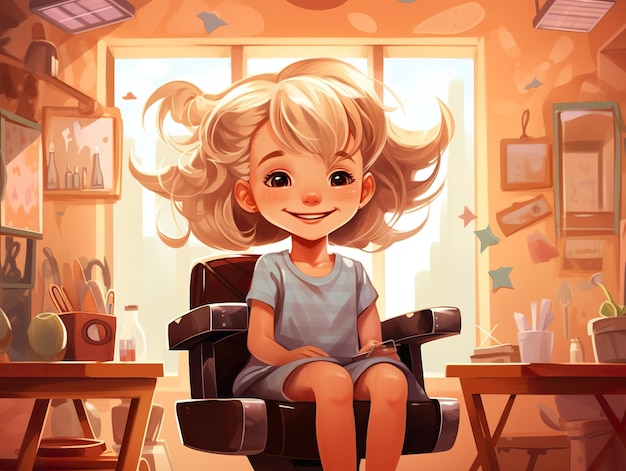 Salão de corte de cabelo infantil garotinha loira sorrindo com seu novo visual de cabelo
