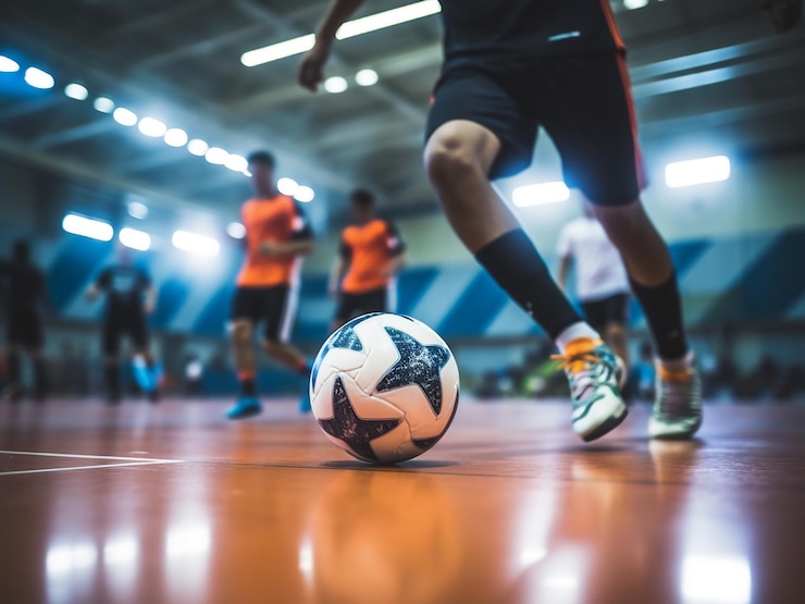 Foto salão de esportes de futsal coberto com jogadores e uma bola de futebol clássica mostrando a ação da liga juvenil