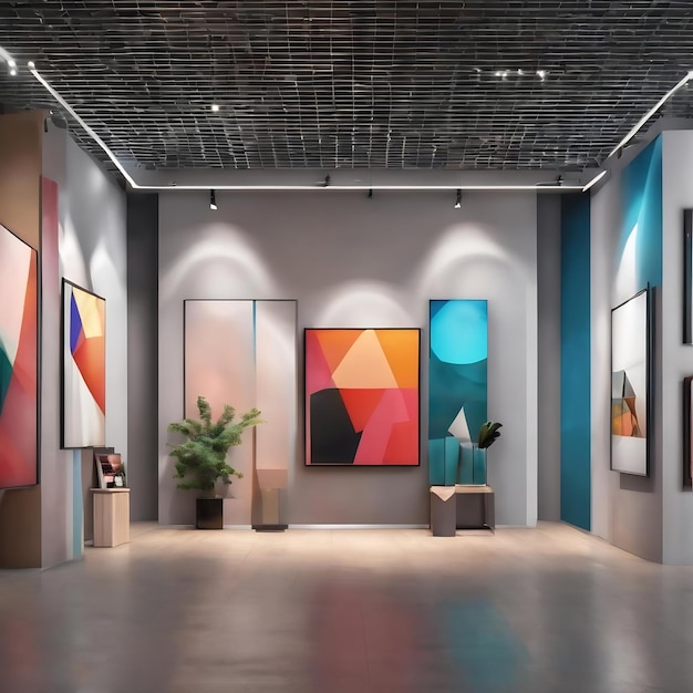 Salão de exposições contemporâneo stand de exposição moderno galeria vazia luz de fundo gráfico poligonal