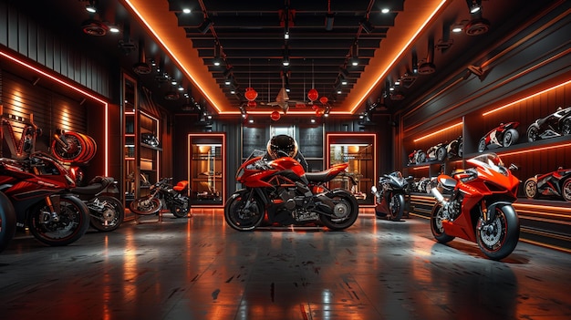 Foto salão de exposições de motos de luxo cheio de motos desportivas elegantes