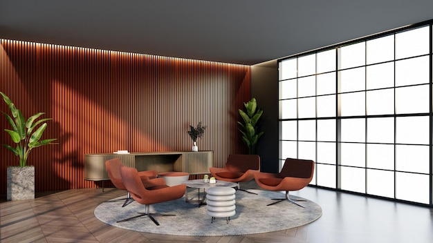 Foto salão de hotel de cor azul oceano com janelas e cadeiras combinando com a cor da sala de espera renderização 3d