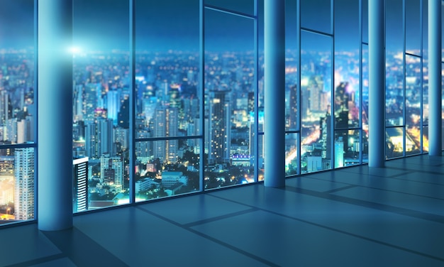 Salão de luz com parede de vidro e paisagem urbana à noite