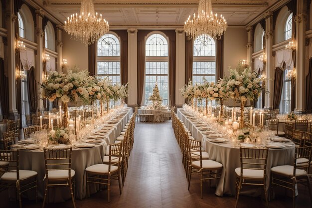 Salão de recepção de casamento lindamente decorado com elegantes mesas e arranjos florais exuberantes
