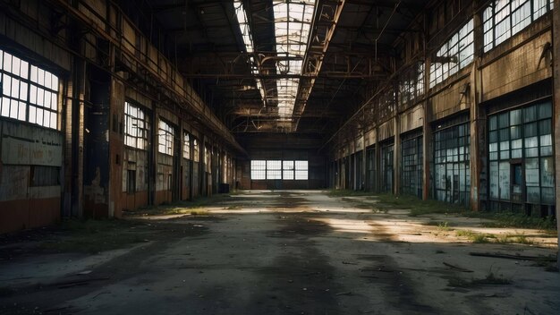 Salão industrial abandonado com estrutura enferrujada