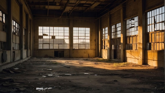 Salão industrial abandonado com luz solar