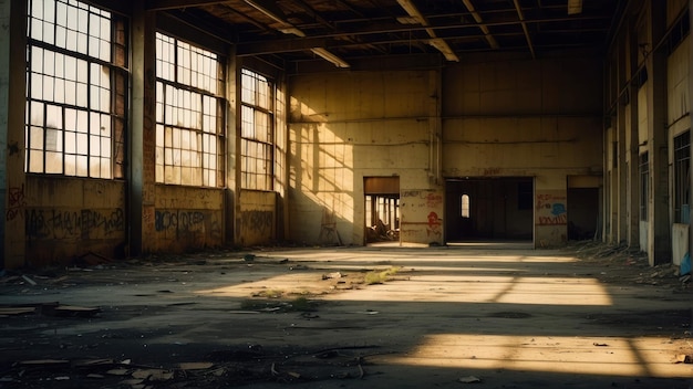 Salão industrial abandonado com luz solar