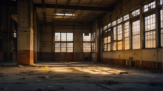 Salão industrial abandonado com luz solar