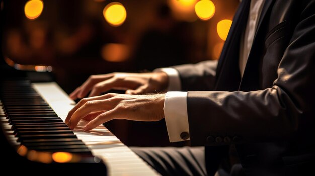 Salão mal iluminado pianista clássico piano quente spotlight foco nas teclas