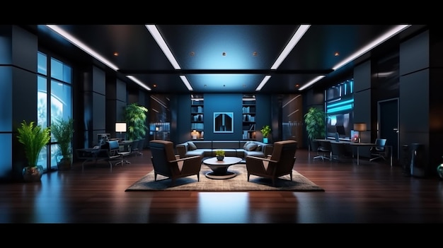 Salão moderno do escritório em cores escuras