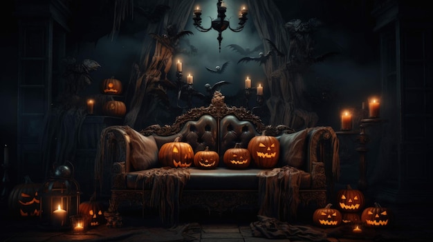salão sinistro uma sala de estar cheia de abóboras de halloween