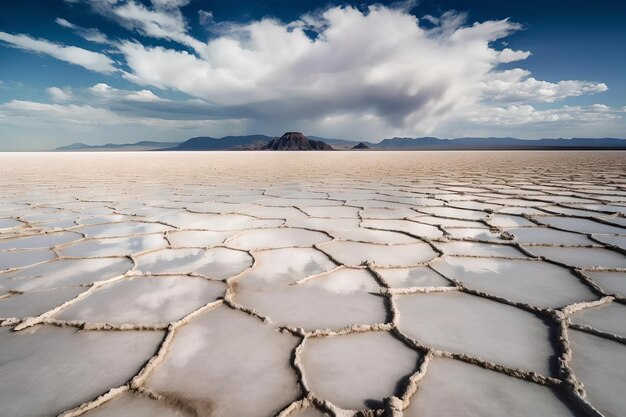 Un salar agrietado con montañas al fondo