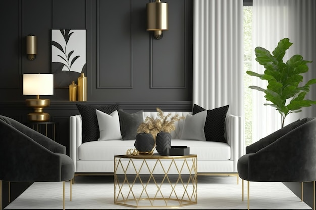 Salas de estar branco cinza e preto Sala de maquete design minimalista moderno Cadeiras com detalhes em grafite e ornamentação de sofá dourado