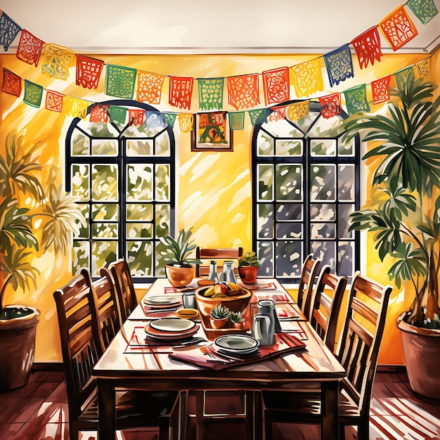 Salas em aquarela capturando cenas alegres de festivais por meio de decorações coloridas e transformações temáticas