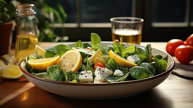 Salat auf einem Teller auf einem Holztisch