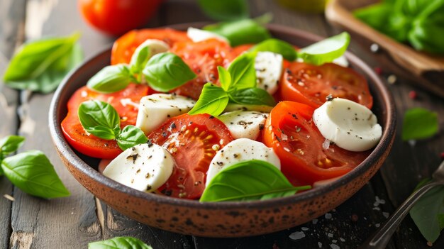 Foto salat aus geschnittenen tomaten, mozzarella und basilikumblättern