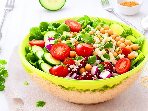 Salat aus Kichererbsen, Tomaten, Gurken, Rettich und grüner Diätkost-Buddha-Schüssel