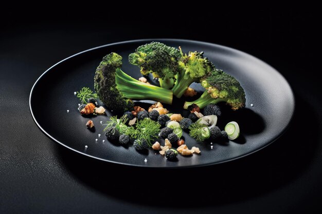 Salat bestehend aus rohem, frischem Brokkoli, Frühlingszwiebeln, Erdnüssen und getrockneten Blaubeeren