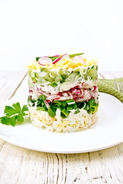 Salat geschichtet mit Radieschen und Gurke an Bord