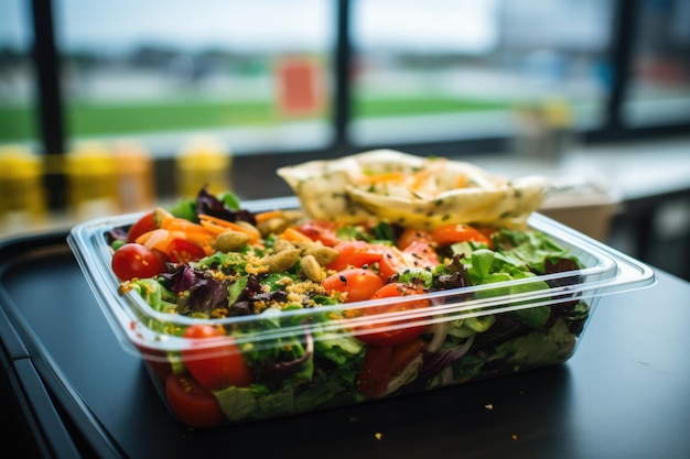 Salat in einem Mitnahmebehälter am Flughafen