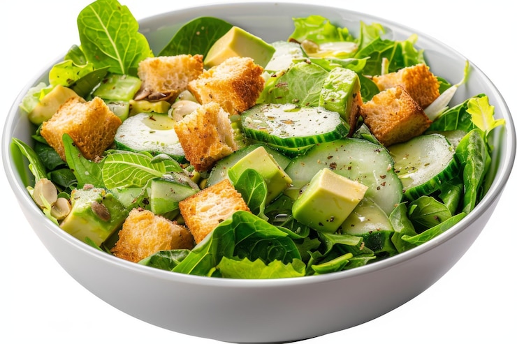 Foto salat mit avocado croutons gurke grapefruit und mandeln nahaufnahme grüner salat gesund