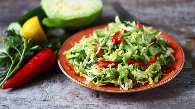 Salat mit frischem Kohl, Kräutern und Gurken.