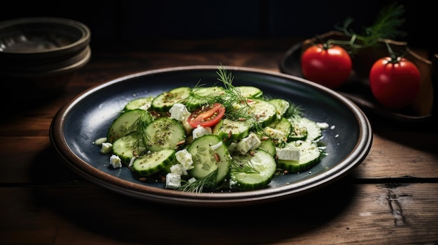 Salat mit Gurken, Tomaten mit Olivenöl