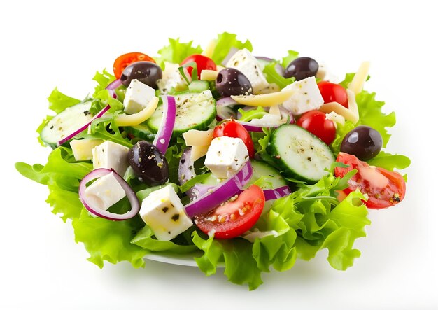 Salat mit Käse und frischem Gemüse auf weißem Hintergrund Griechischer Salat Generative KI