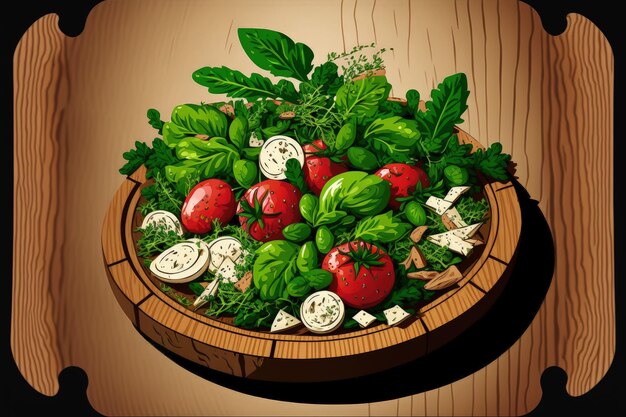Salat mit Kräutertomaten auf einem hölzernen Hintergrund