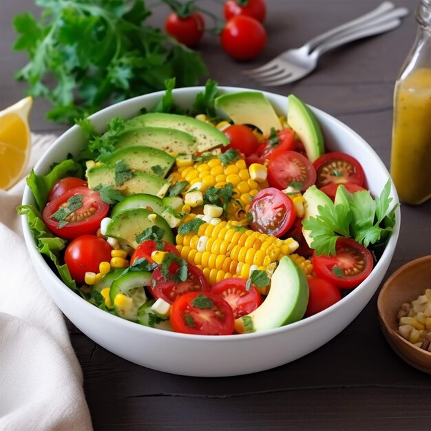 Salat mit Mais, Avocado, Tomaten, Pfeffer und Petersilie