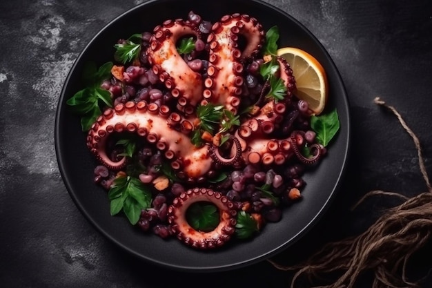 Salat mit Oktopus Dunkler Hintergrund Exquisite Meeresfrüchtegerichte Generative KI