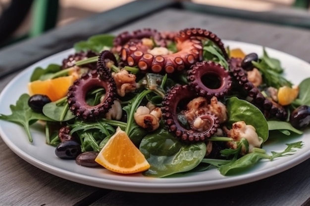 Salat mit Oktopus und Zitrusfrüchten auf einem Teller. Exquisite Meeresfrüchtegerichte. Generative KI