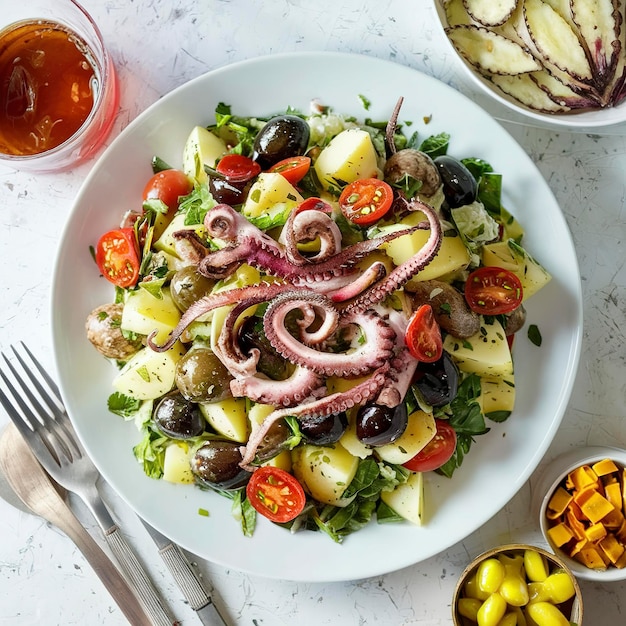 Salat mit Oliven, Kräutern, Kirschtomaten, Kartoffeln und Oktopus Tentakeln