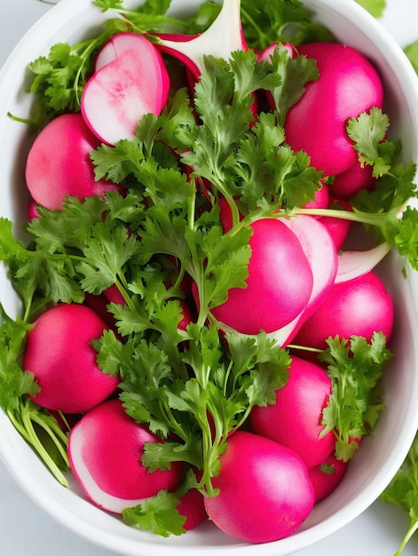 Salat mit Radieschen auf flacher Oberfläche