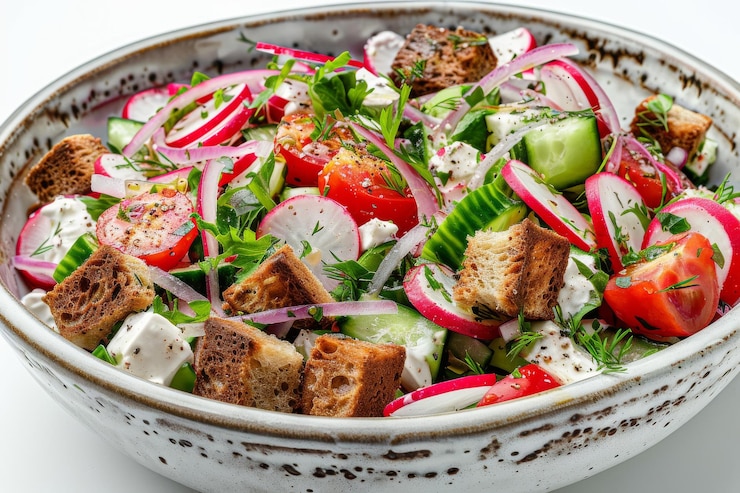 Foto salat mit rettichen, croutons, grün, rüben, salat mit grün, rustikaler salat, geröstetes brot, tomaten