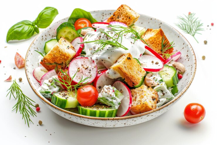 Foto salat mit rettichen, croutons, grün, rüben, salat mit grün, rustikaler salat, geröstetes brot, tomaten
