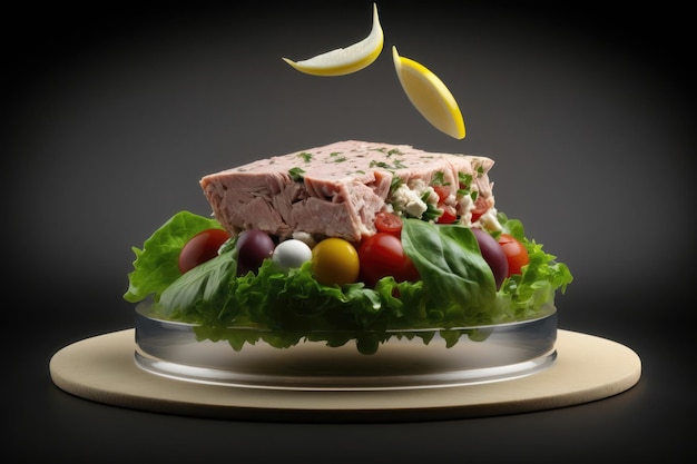 Salat mit schwebendem Thunfisch KI-Generierung für digitale Kunst