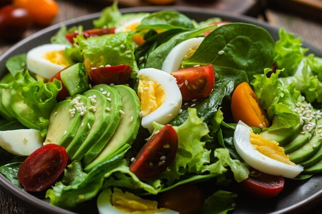 Salat mit Spinat-Avocado-Tomaten auf einem Teller Vegetarischer Salat