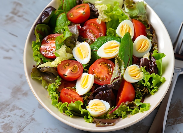 Salat, Wachteleier, Tomatenmix, Blätter, Gemüse, gesunde Mahlzeit, veganes oder vegetarisches Essen