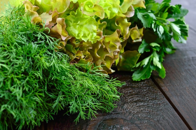 Salatblätter, Dill, Petersilie auf einem dunklen Holztisch. . Frisches Grün aus dem Garten.