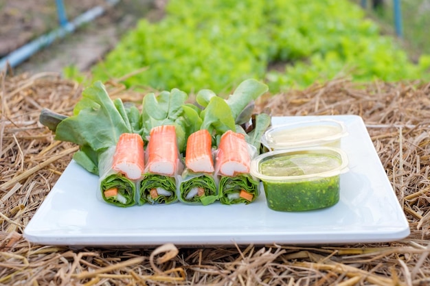 Salatbrötchen aus grüner und roter Eiche Bio mit Füllung Krebsfleischimitat und Sauce