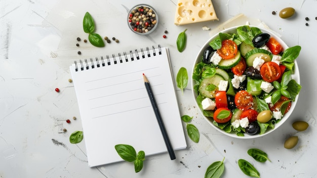 Foto salatschüssel, notizblock und stift auf dem tisch