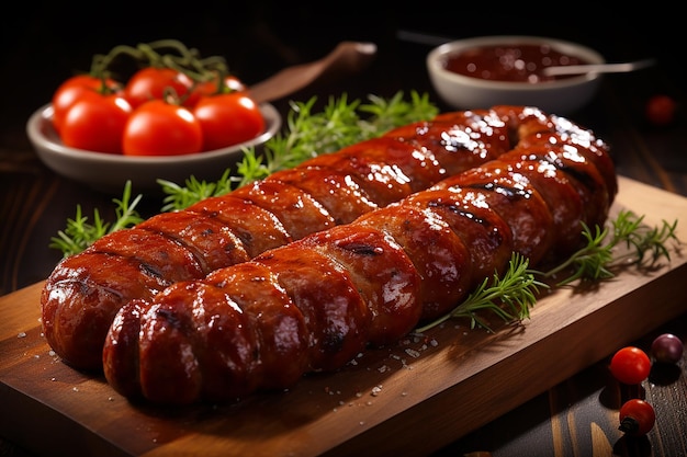 Salchicha de barbacoa sobre fondo de parrilla de mesa de madera