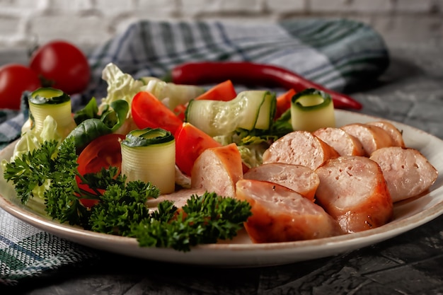 Salchicha casera frita con verduras frescas en un plato