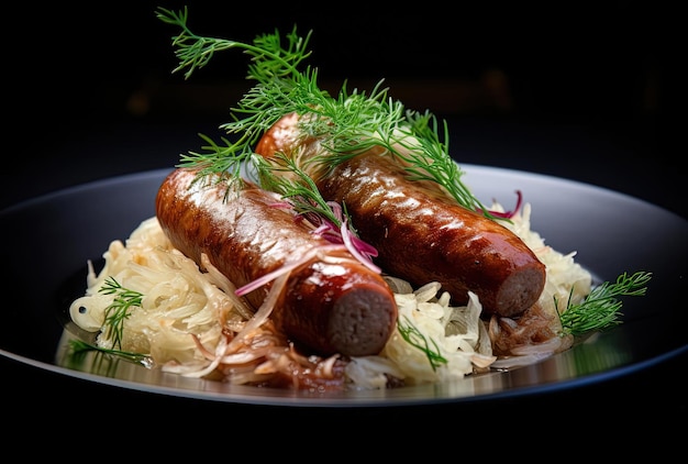 Salchicha de chucrut sentada en un plato al estilo de la fusión tradicional y moderna