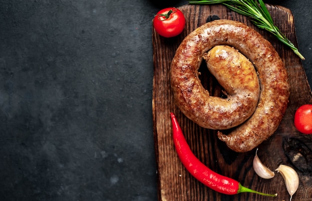 Salchicha espiral asada con especias sobre una tabla para cortar