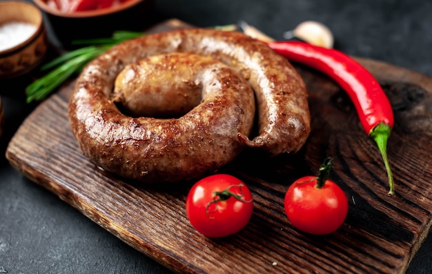 Salchicha espiral asada con especias sobre una tabla para cortar